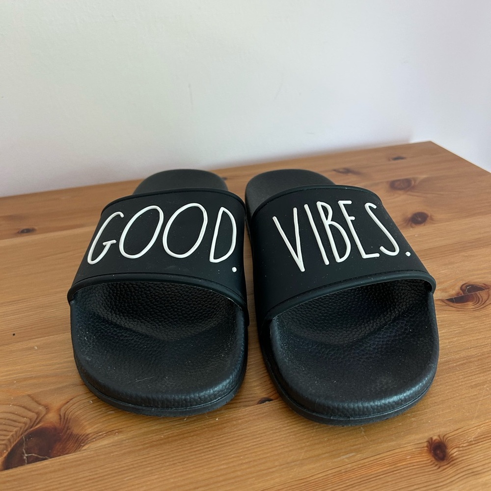 Rae Dunn Black Good Vibes Slide Sandals